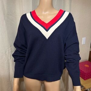 Sandro Navy V-Neck Sweater with Red and White Accents